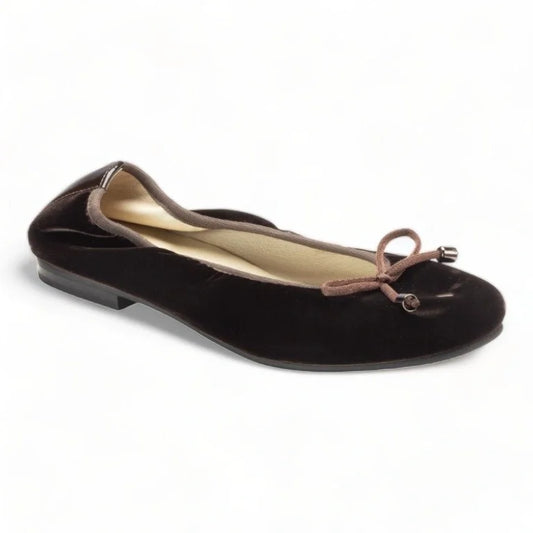 Brown velvet flats for girls by London Kids, perfect for dress occasions.