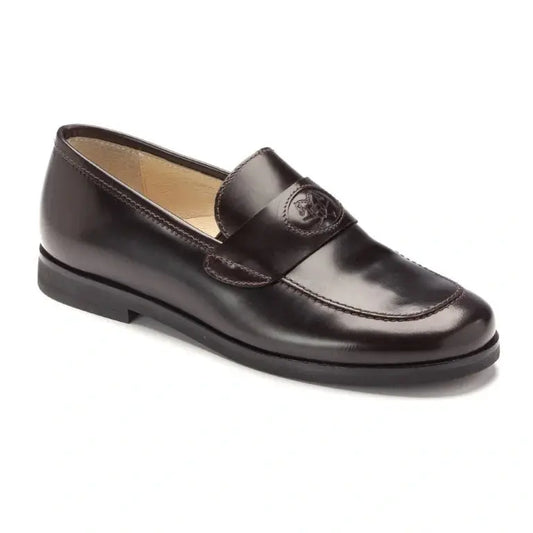 Brown Polished Leather Hard Loafer for Girl Boy by London Kids - Brown polished leather hard loafer for casual and dress occasions.