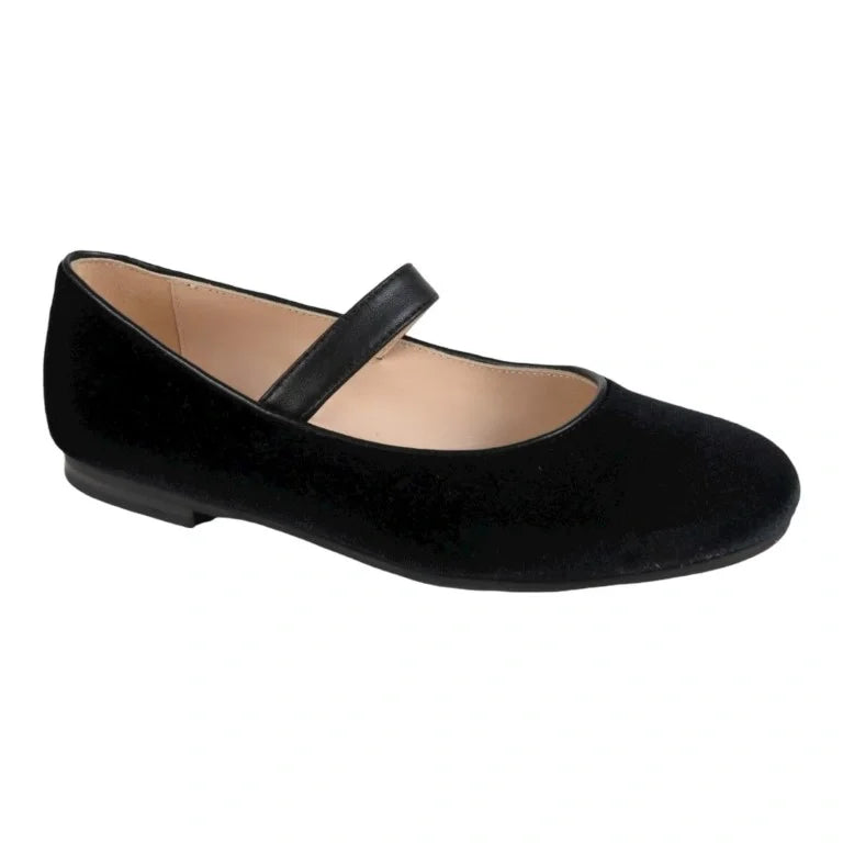 Elegant black velvet strap shoes for girls by London Kids suitable for any occasion.