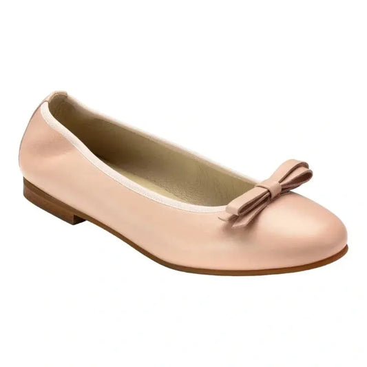 Nude soft leather flats for girl by London Kids, ballet flat with bow, nude color.