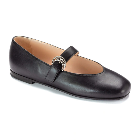 Elegant black leather Mary Jane flats for teens, designed in Italy