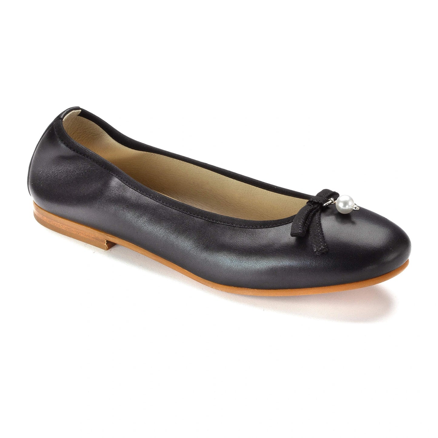 Black leather girls pearl slipon shoe with elegant design