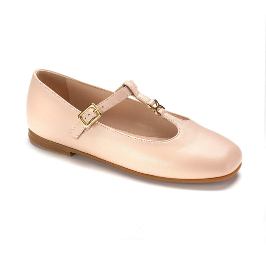 Girlâ€™s soft pink leather Mary Jane dress shoes with T-strap detail