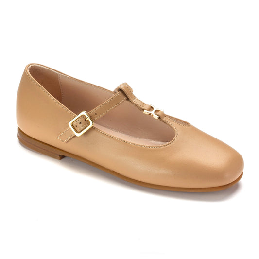 1574 Taupe Leather Girls T-Strap Dress Shoes