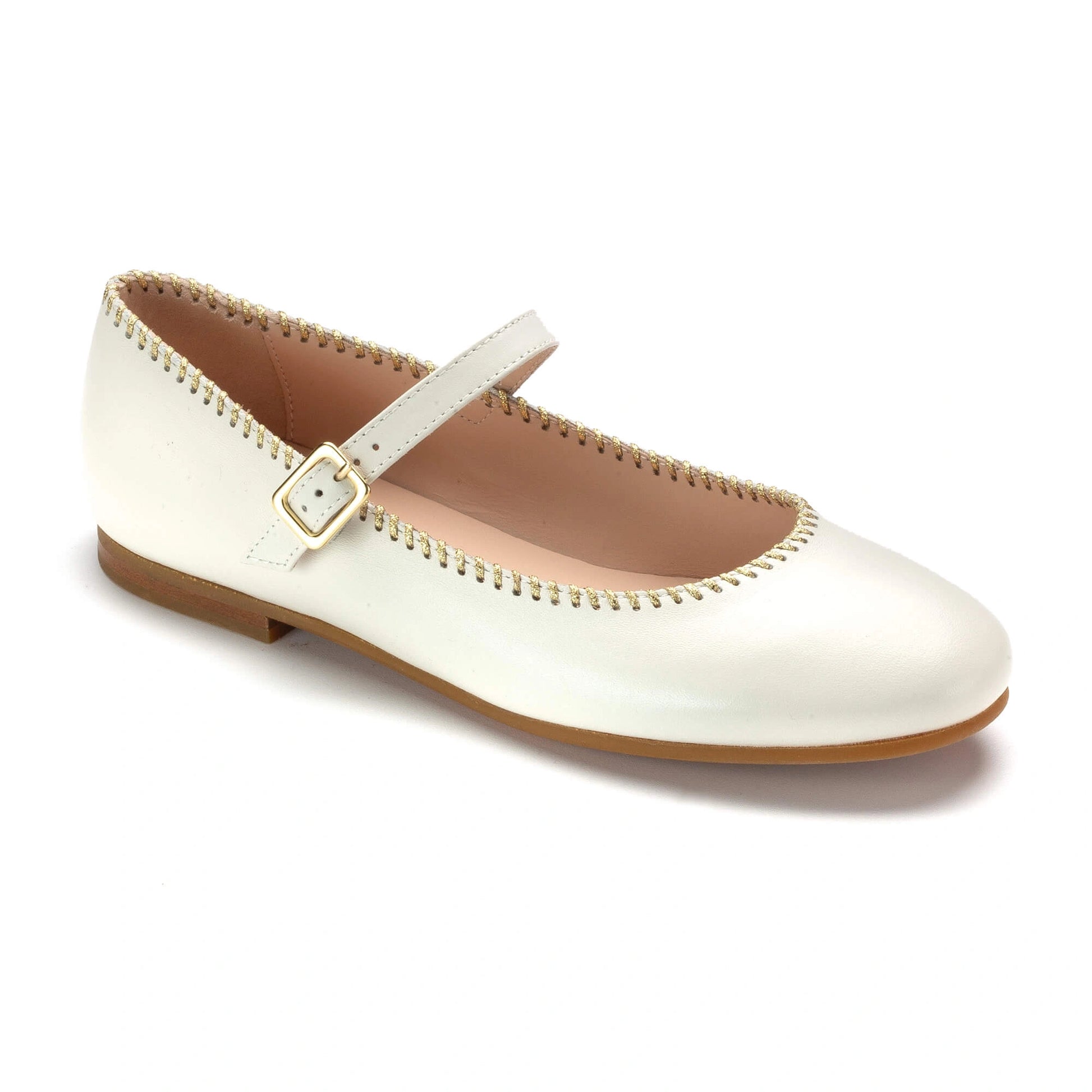 Off White Leather Mary Jane Flats for Girls