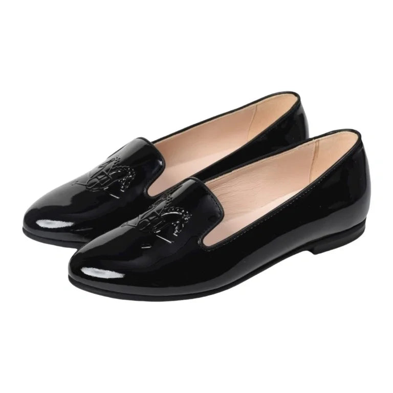 Black patent leather smoking loafer for girls by London Kids, perfect for dressy occasions.