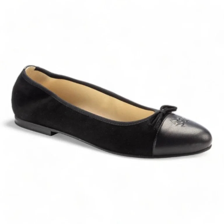 Stylish black suede flats by London Kids for teens and women, featuring a trendy bow detail