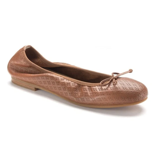 Tan soft leather flats for girl by London Kids - Perforated ballet flat with bow