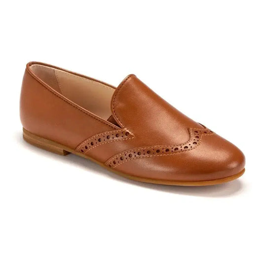 Tan soft leather flat loafer for boy by London Kids in classic tan color