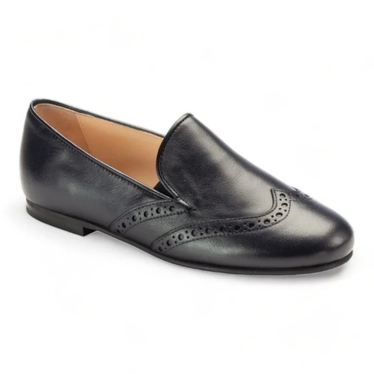 Navy soft leather flat loafer for boy by London Kids, ideal for dress occasions.