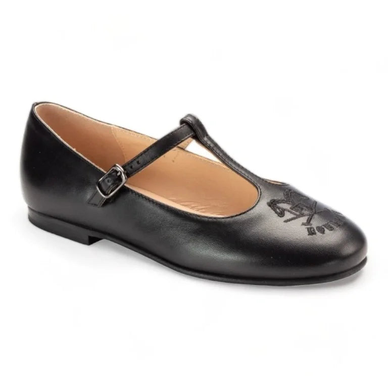 Black soft leather strap shoes for girls by London Kids - stylish and comfortable choice made in Italy.