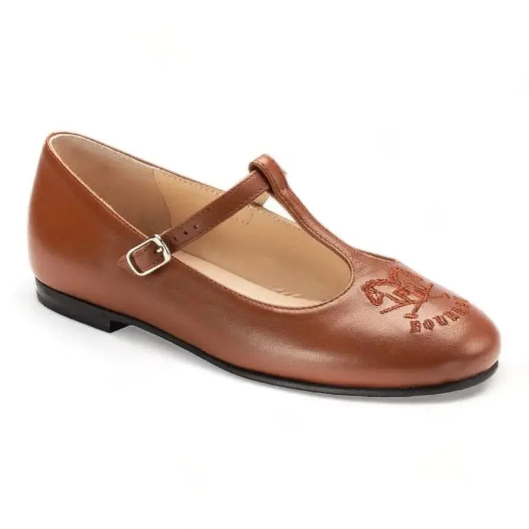 Tan soft leather strap shoes for girls by London Kids in rusl color.