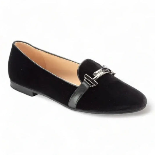 Black velvet smoking loafer for girls, teens, and women by London Kids - stylish and elegant.