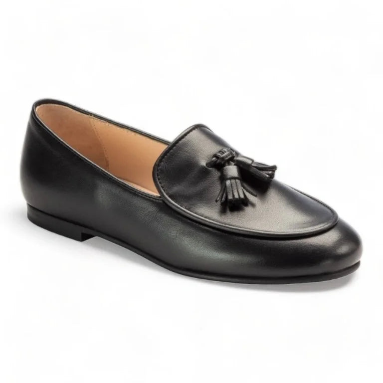 Black soft leather flat loafer for girl by London Kids - classic slip-on loafers crafted from soft leather for dress occasions.