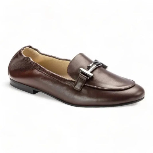 Brown soft leather flat loafer for a girl by London Kids, ideal for casual occasions.