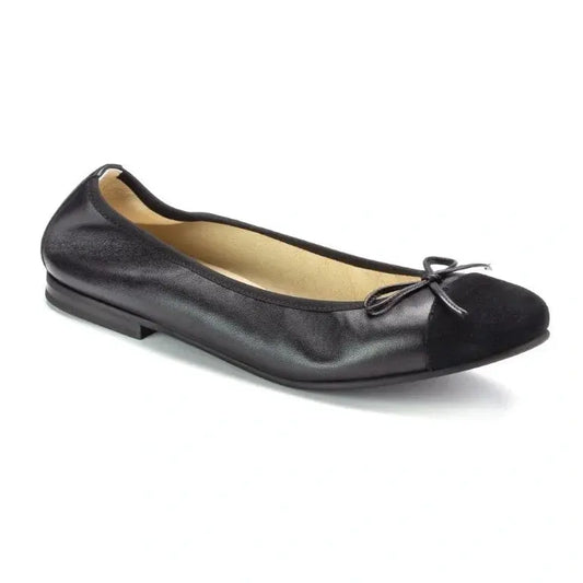 Black soft leather slip-on shoes for girls, teens, and women by London Kids, bow ballet flat.