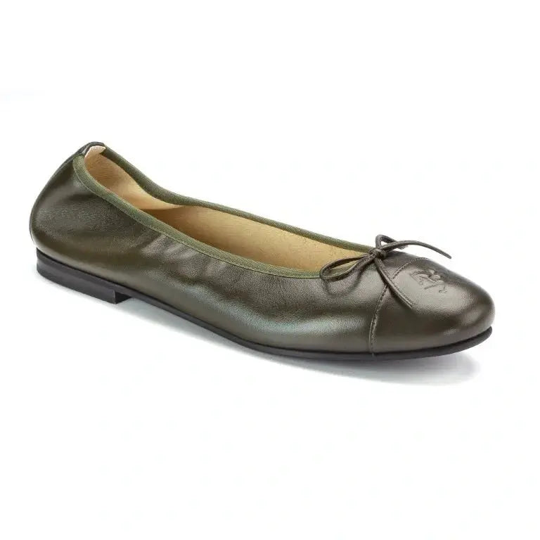 Green soft leather slip on shoes by London Kids for girls, teens, and women with bow detail