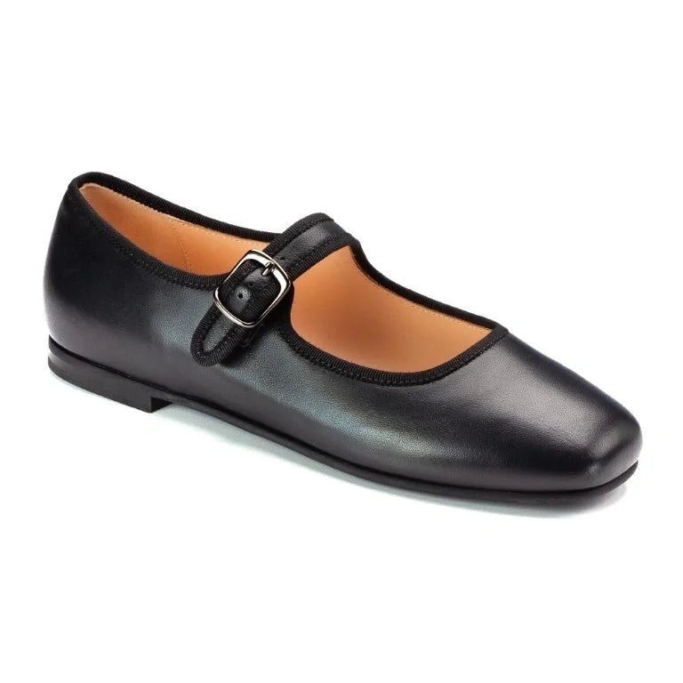 Black soft leather Mary Jane shoes for girls by London Kids, ideal for dressy occasions.