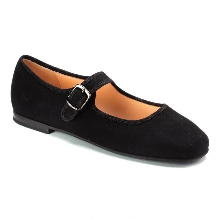 Black suede Mary Jane shoes for girls by London Kids, perfect for dress occasions.