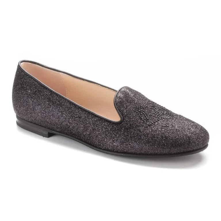 Black glitter smoking loafer for girl by London Kids - elegant and stylish option for dressy occasions.