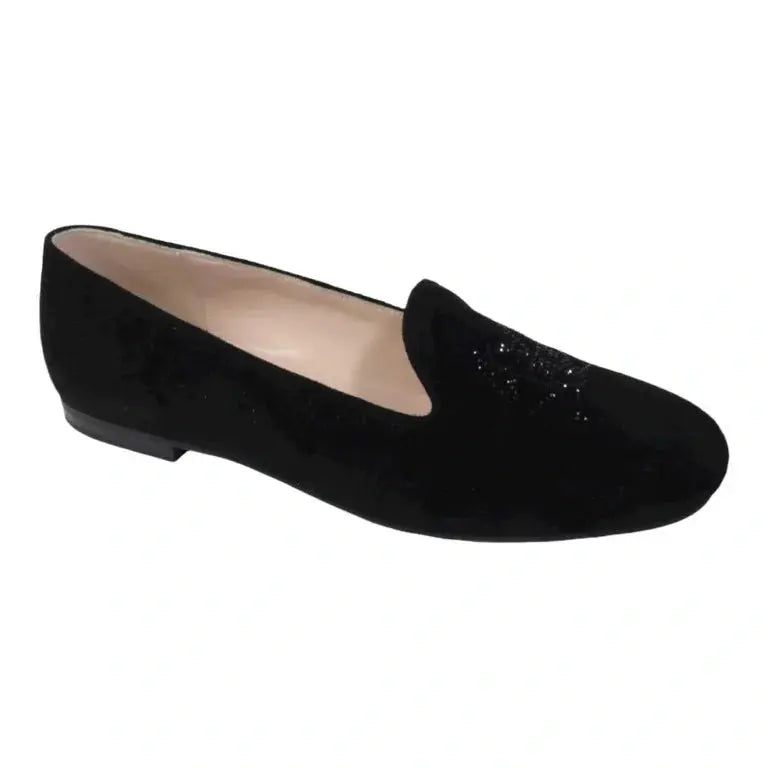 Black suede smoking loafer for girl by London Kids - elegant and chic.