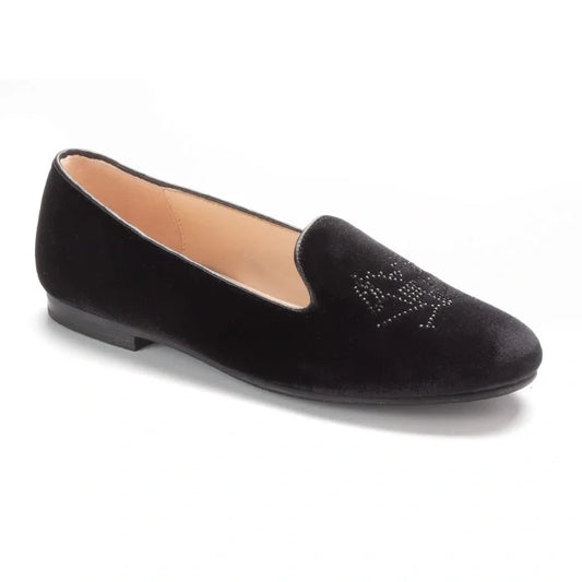 Black velvet smoking loafer with diamond details for girls by London Kids