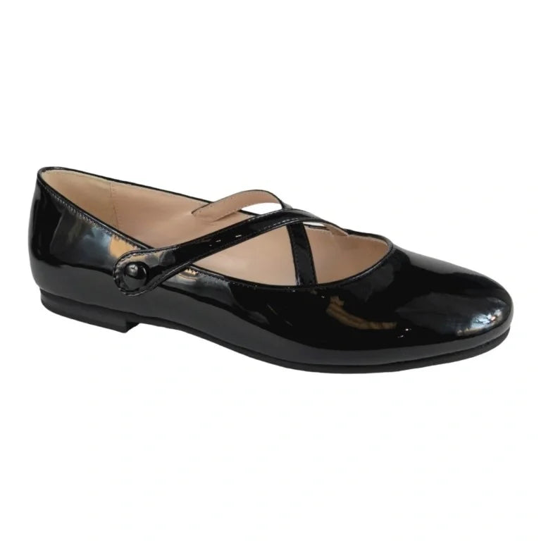 Black patent leather strap dress shoe for girls by London Kids - ideal for special occasions.