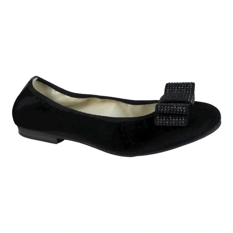 Black velvet flats for girls, teens, and women by London Kids - ballet flat with bow