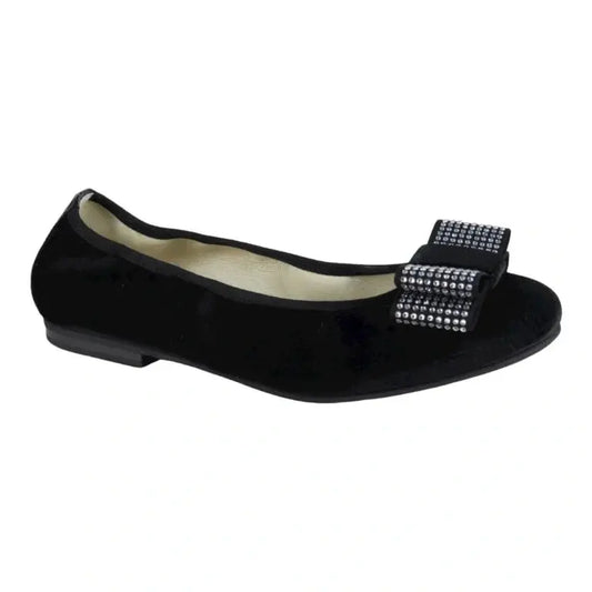 Elegant black velvet flats for girls, teens, and women by London Kids, perfect for dressy occasions.