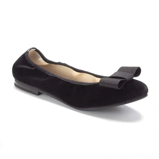 Black velvet flats with bow for girls, teens, and women by London Kids.