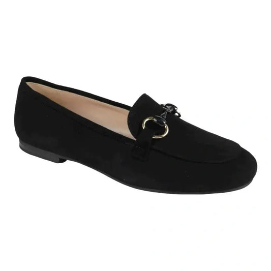 Black suede flat loafer with chain by London Kids - elegant footwear for girls, teens, and women.