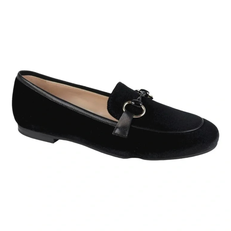 Stylish black velvet flat loafer for girls, teens, and women by London Kids, featuring a chic chain detail.