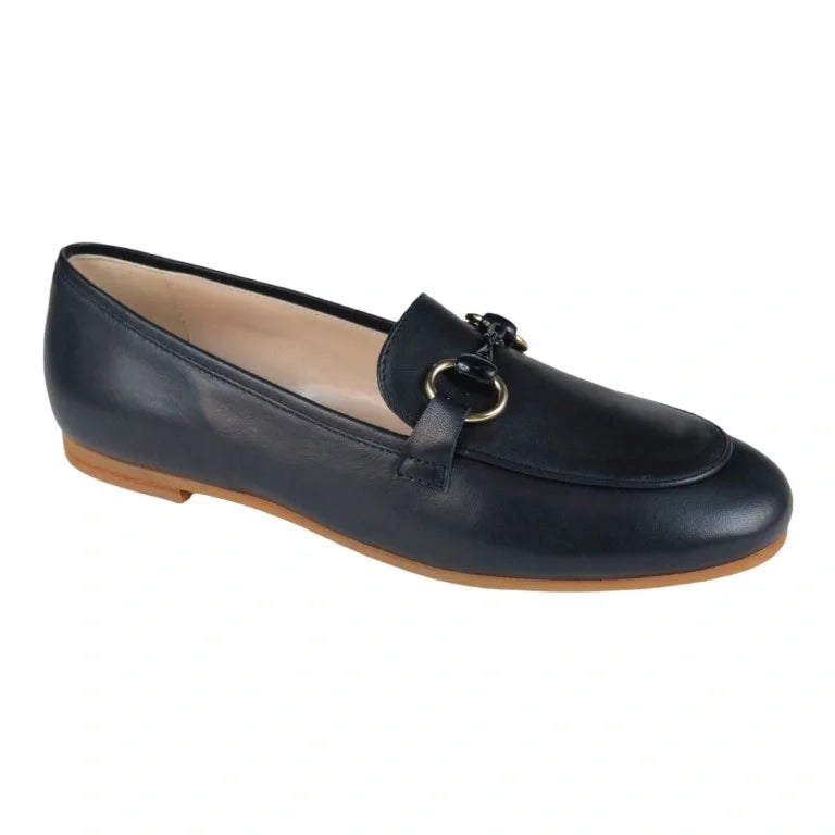 Navy soft leather flat loafer for girl, teen, and women by London Kids - chic and comfortable footwear option.