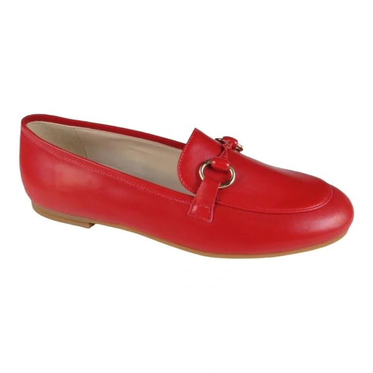 Red soft leather flat loafer for girl, teen, women by London Kids in RDVTS color