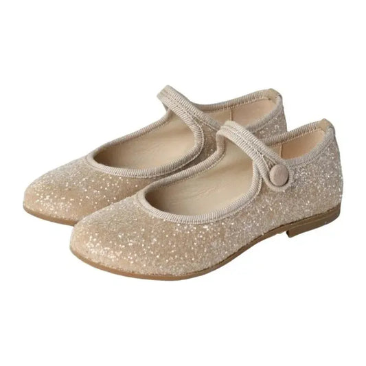 Beige Glitter Strap for Girl by Galluci - Button-Closure Mary Jane in Beige Glitter for dressy occasions