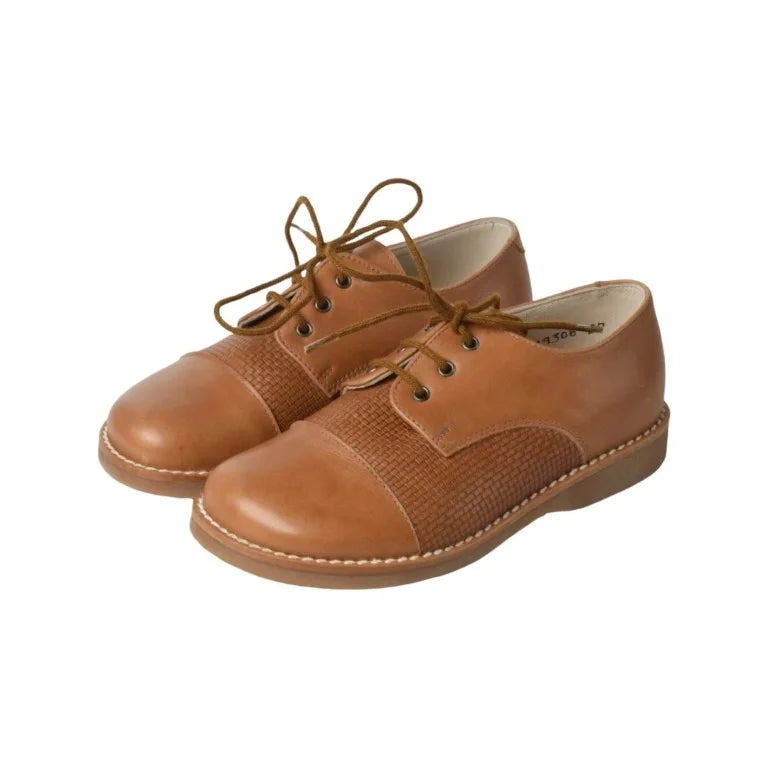 Tan soft leather lace toddler shoes by Beberlis - London Kids, front view