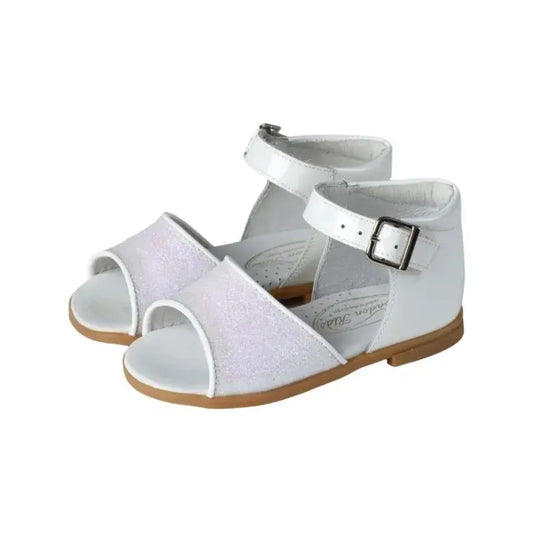 White glitter strap toddler sandal by Beberlis - London Kids, made in Spain.