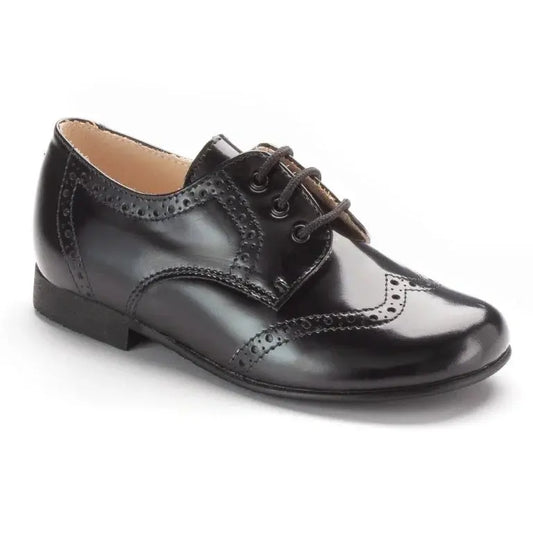 Black high shine leather dress shoes for boys with brogue accents