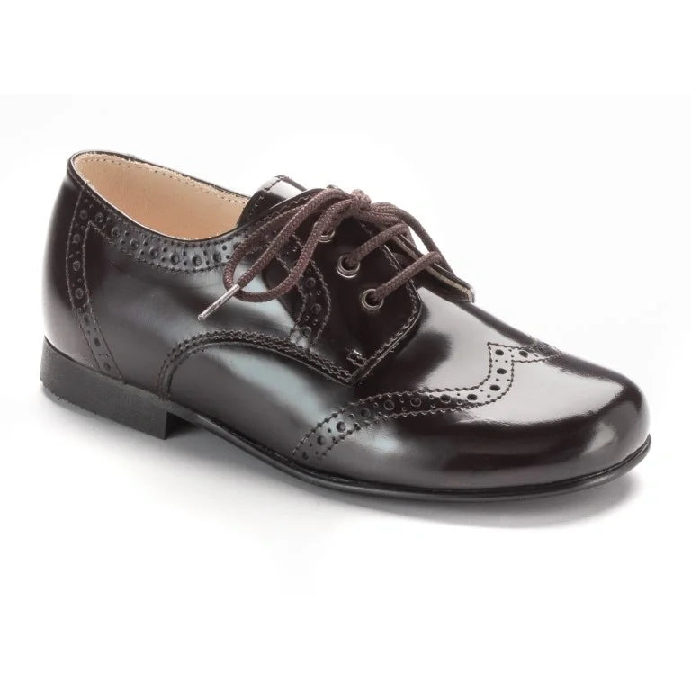 Brown high shine leather dress shoes for boys with brogue details