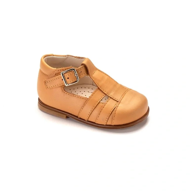 Tan soft leather strap toddler summer bootie by Beberlis