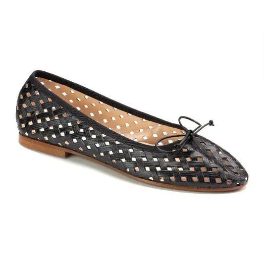 Black soft leather flats for girls, teens, and women by Beberlis - woven ballet flats