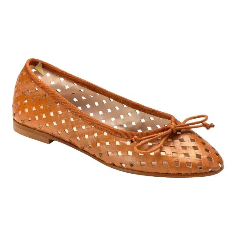 Tan soft leather flats for girls, teens, and women by Beberlis - woven ballet flat