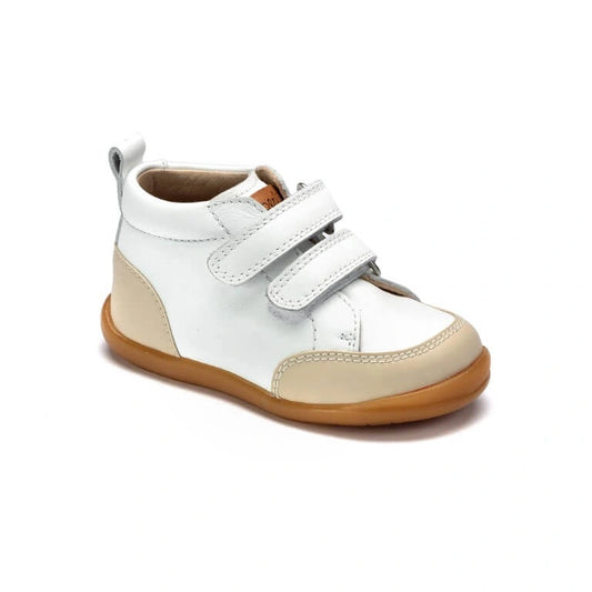 White leather toddler high sneaker with straps, made in Spain