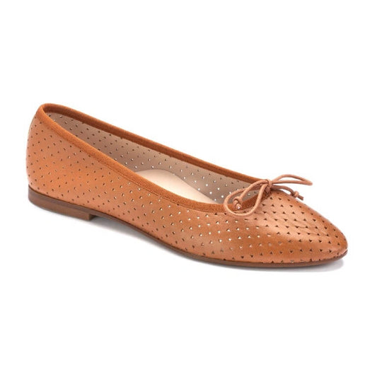 Elegant tan leather flat shoes for girls with a cute bow, perfect for dress occasions