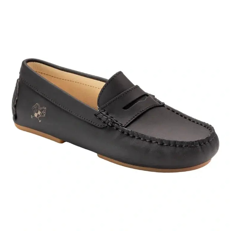 Black with Beige Sole Sahara Leather Soft Loafer for Girl by London Kids' - Classic Penny style mocassins in black with beige sole, perfect for your little girl's style.