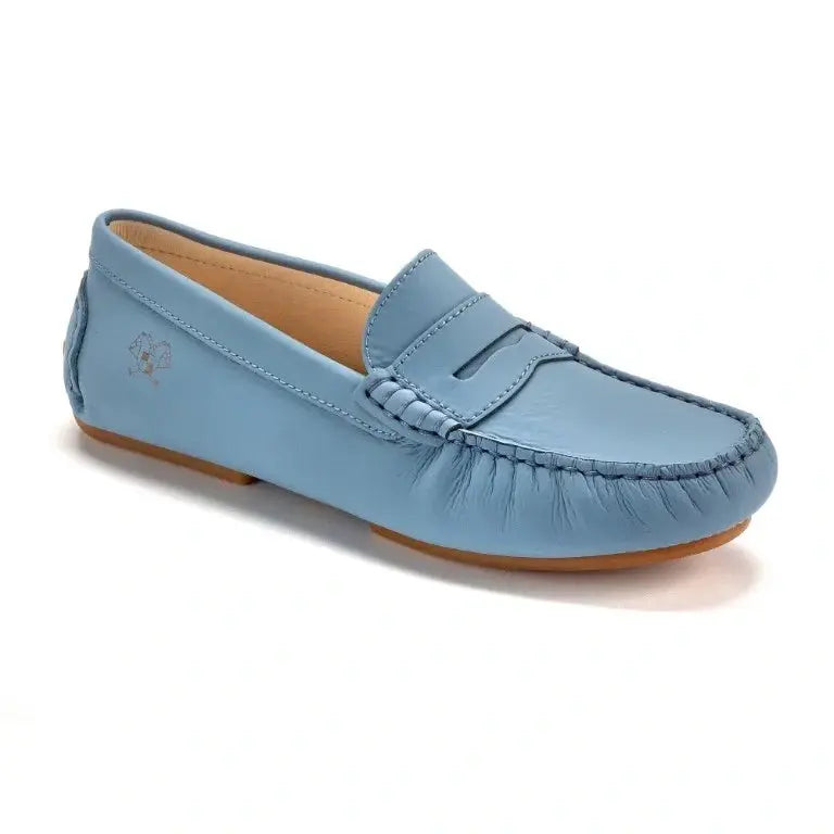 Blue Sahara leather soft loafers for girls by London Kids, perfect for any occasion.