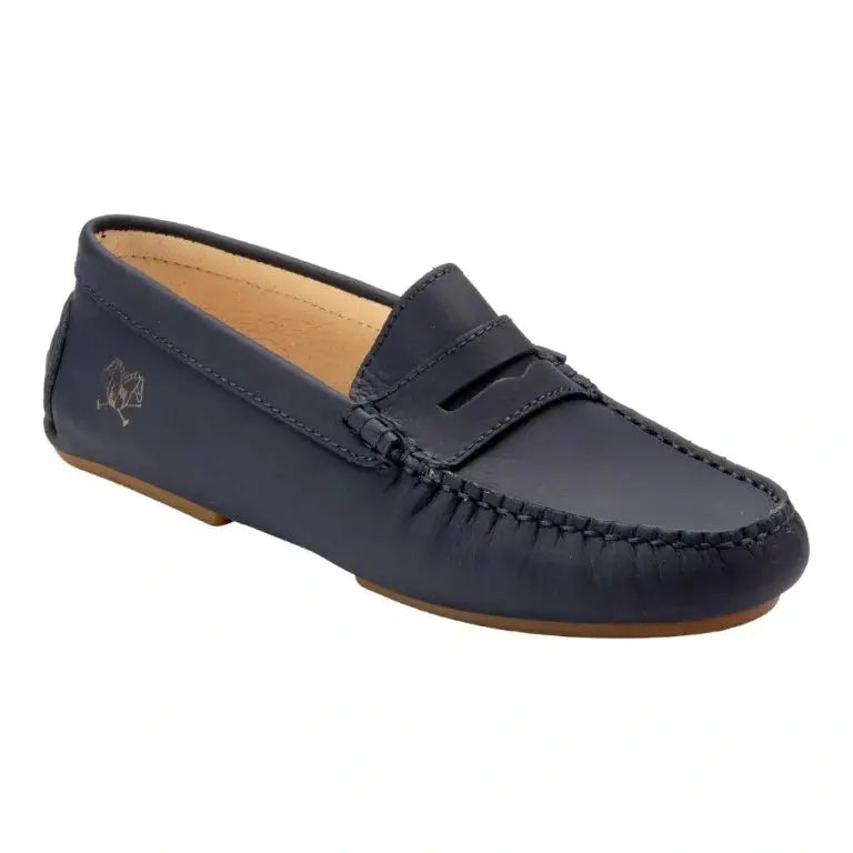 Navy with Beige Sole Sahara Leather Soft Loafer for girls by London Kids - Classic Penny style Mocassins for comfort and style