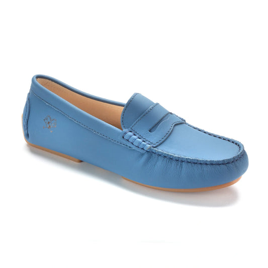 Girl's Sky Blue Sahara leather penny style moccasin