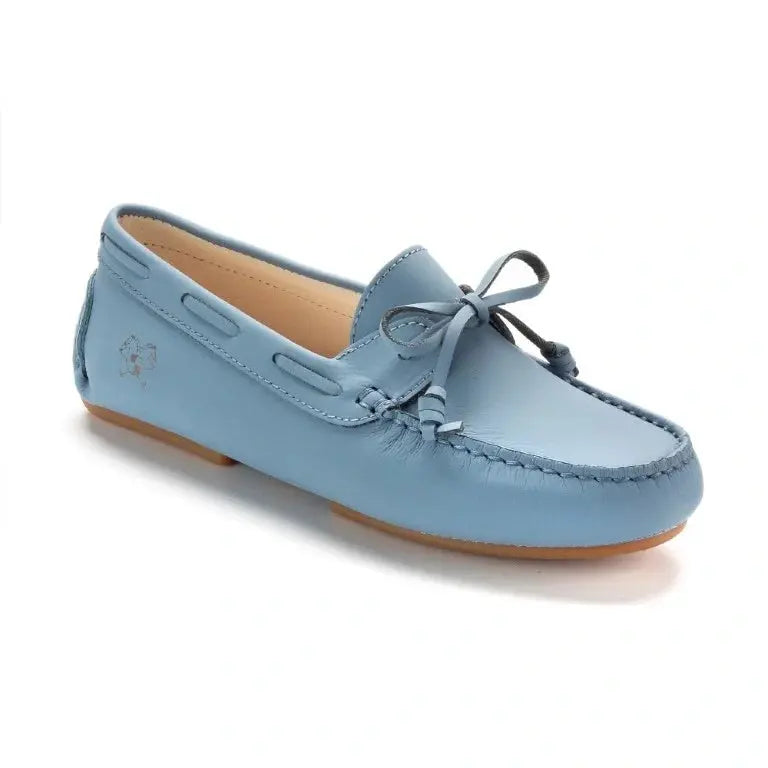 Blue Sahara Leather Soft Loafer for Girl by London Kids - Classic Moccasin Loafer with Tassle Bow