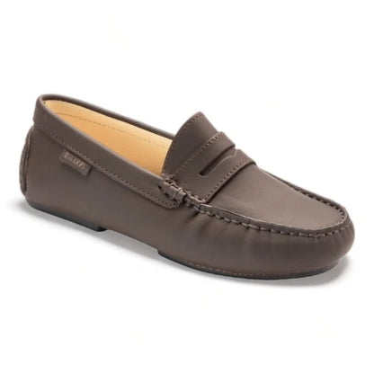 Brown Sahara Leather Soft Loafer for Girl by London Kids - classic Penny Moccasin Loafer in Brown Sahara Leather for girls